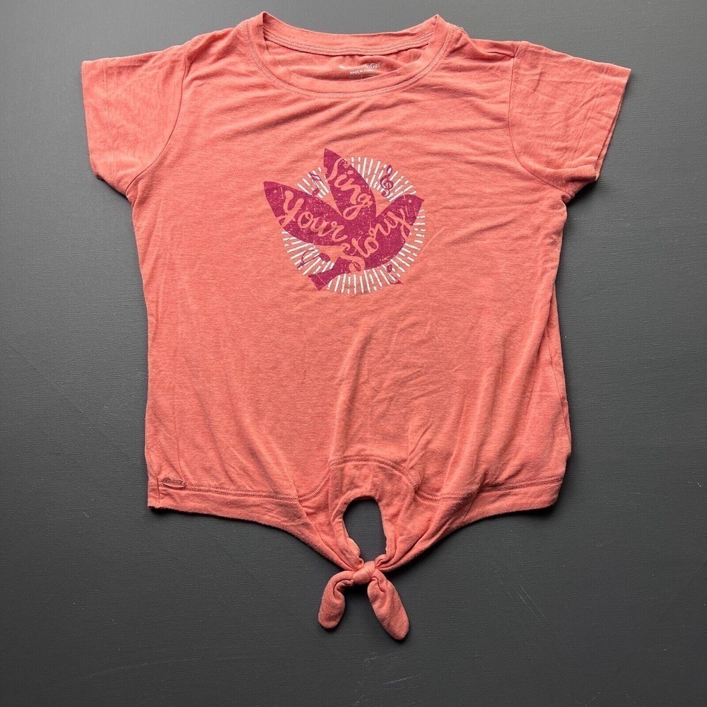 American Girl Girls Size L Orange T-Shirt Tie Front Graphic Sing Your Story Kids